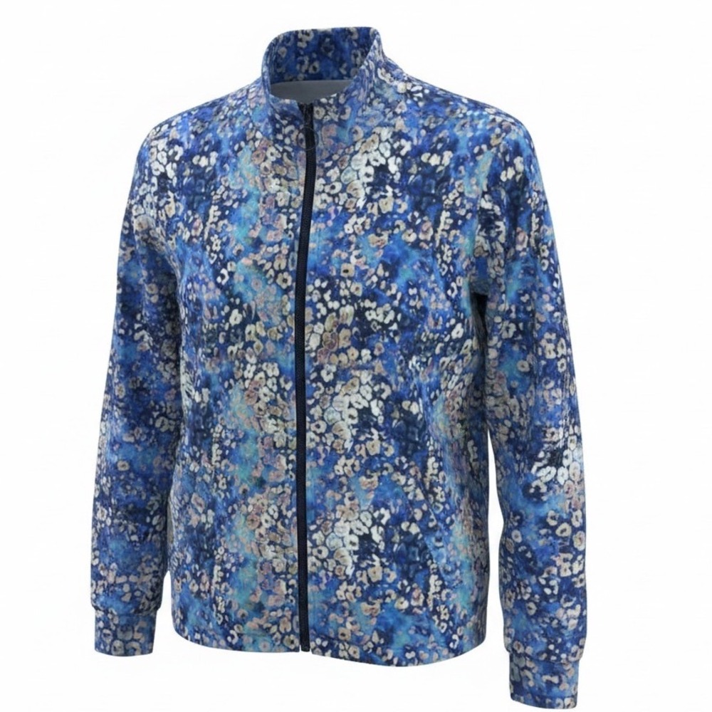 Leo and Nicole‎ Blue Floral Print Full Zip Stand Collar Lightweight Jacket Small